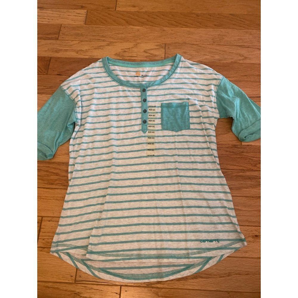 Carhartt, women's green striped, 3/4 sleeve, front pocket, t-shirt M(8-10)
